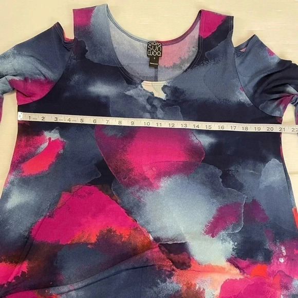 3 FOR $15 Clara Sun Woo Watercolor Pink and Blue Open Shoulder Swing Dress SZ L - Picture 6 of 8